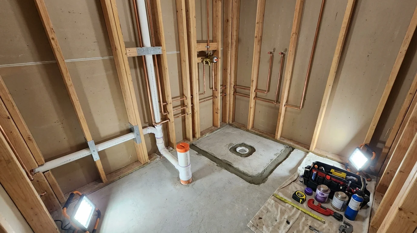 Bathroom rough-in plumbing during remodel by Johns Plumbing LLC in Paoli